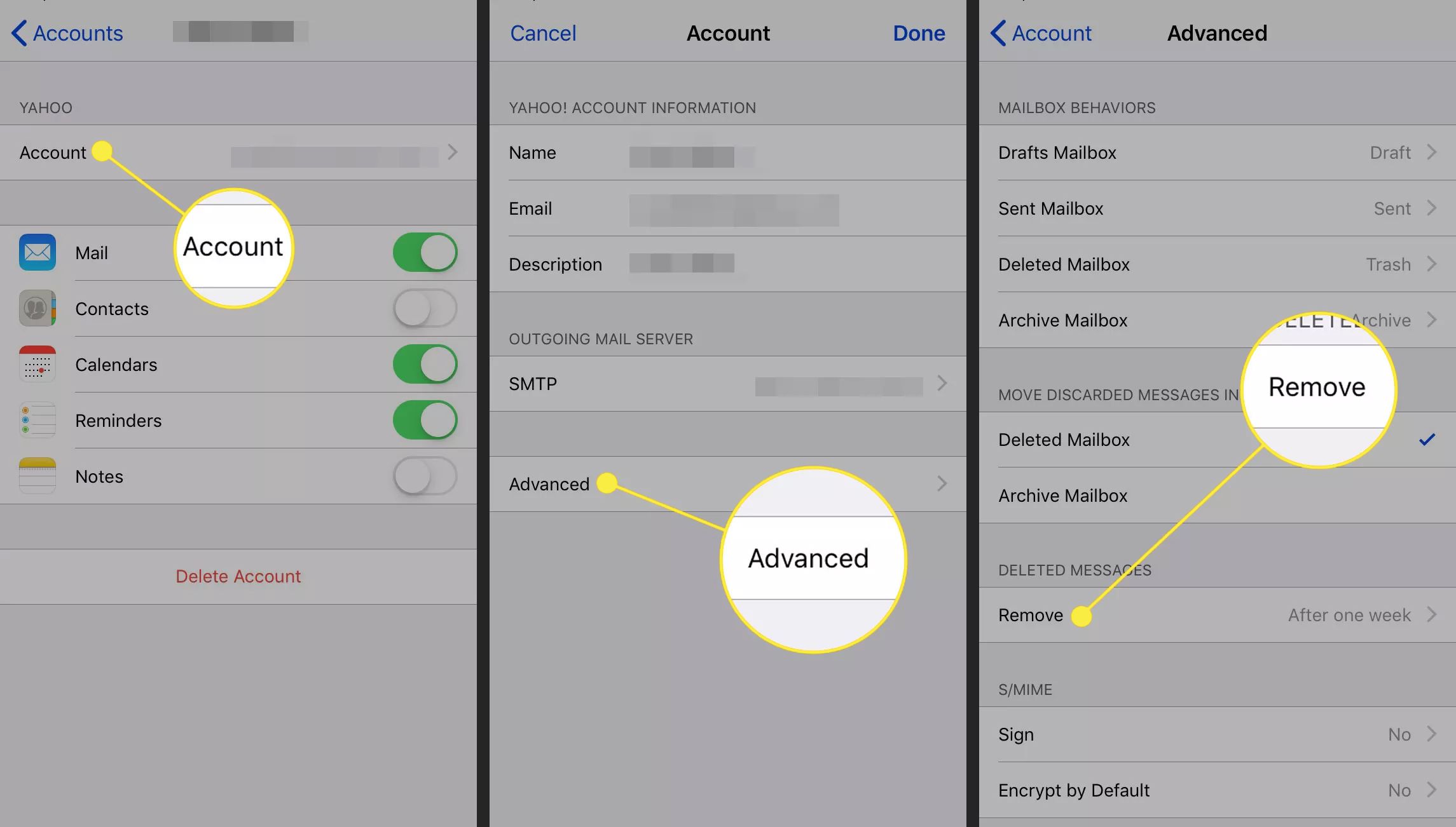 iOS-instellingen met Account, Geavanceerd en Verwijderde berichten verwijderen gemarkeerd
