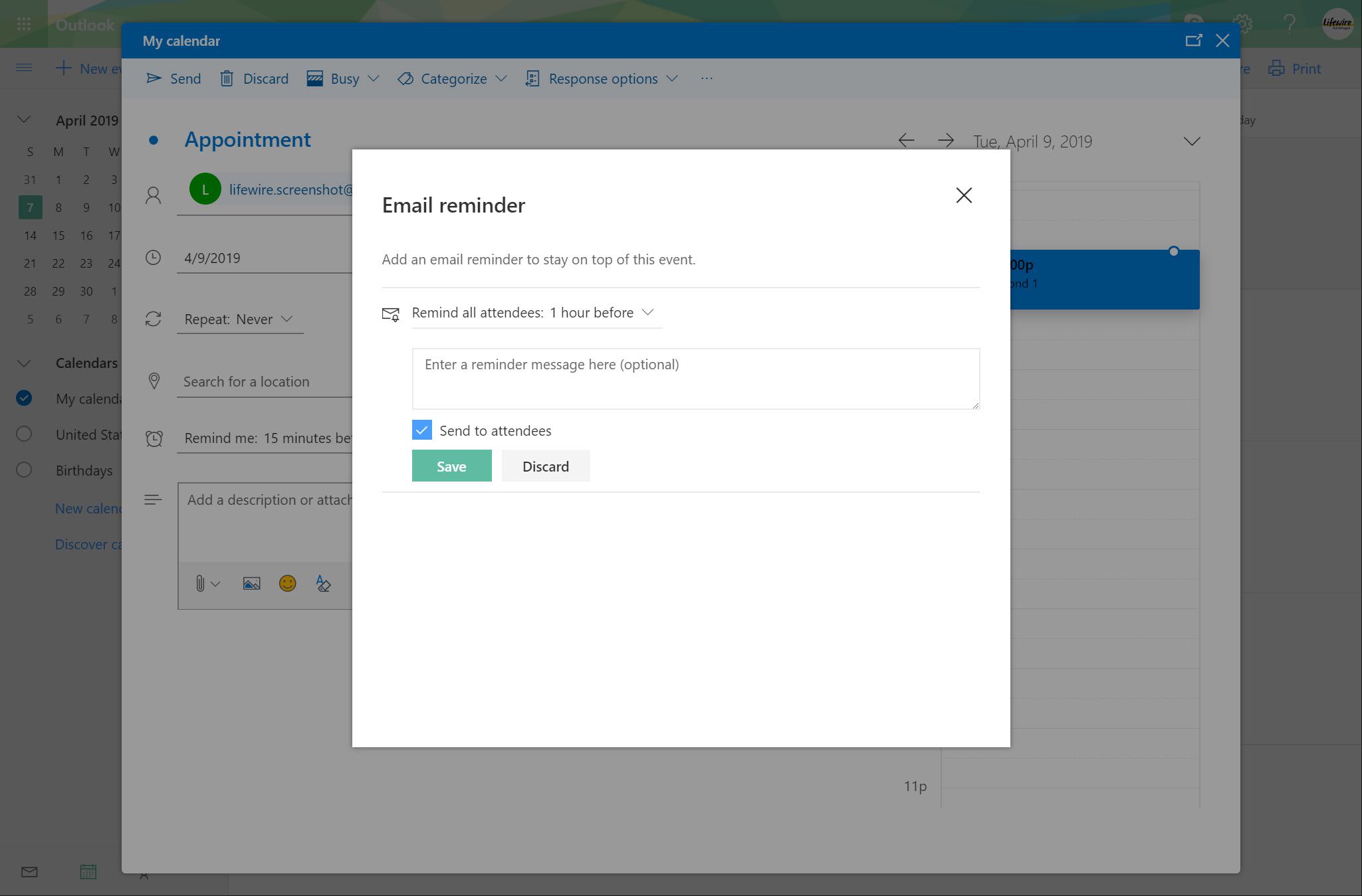 Outlook.com E-mailherinneringsvenster met het selectievakje Verzenden naar deelnemers geselecteerd