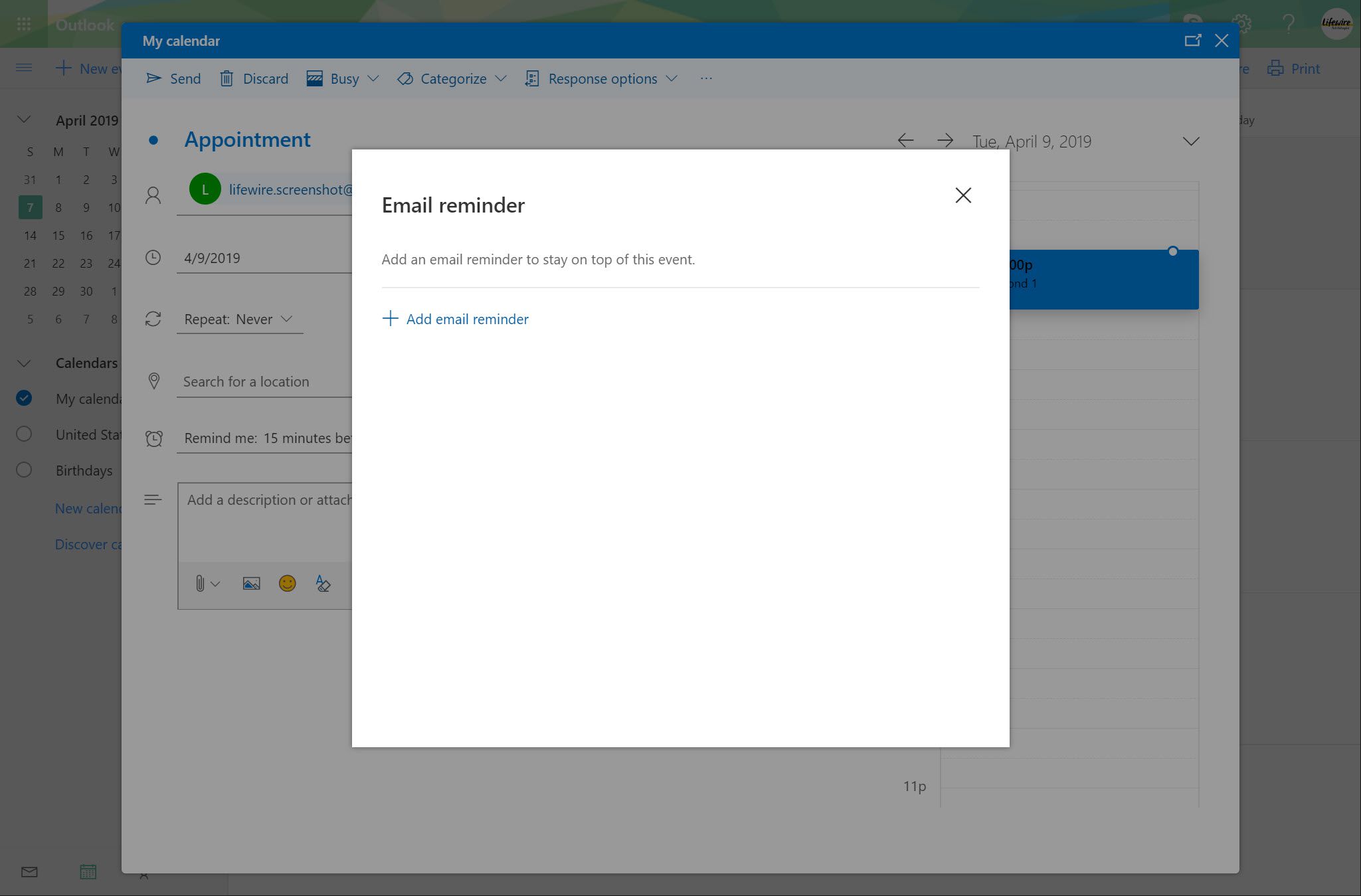 Outlook.com E-mailherinneringsvenster met optie E-mailherinnering toevoegen