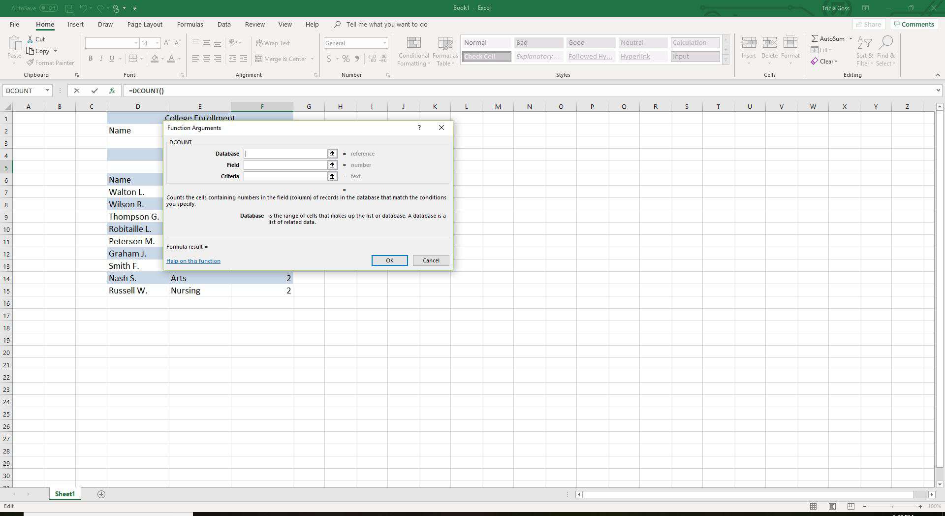 DCOUNT-functiedialoogvenster in Excel