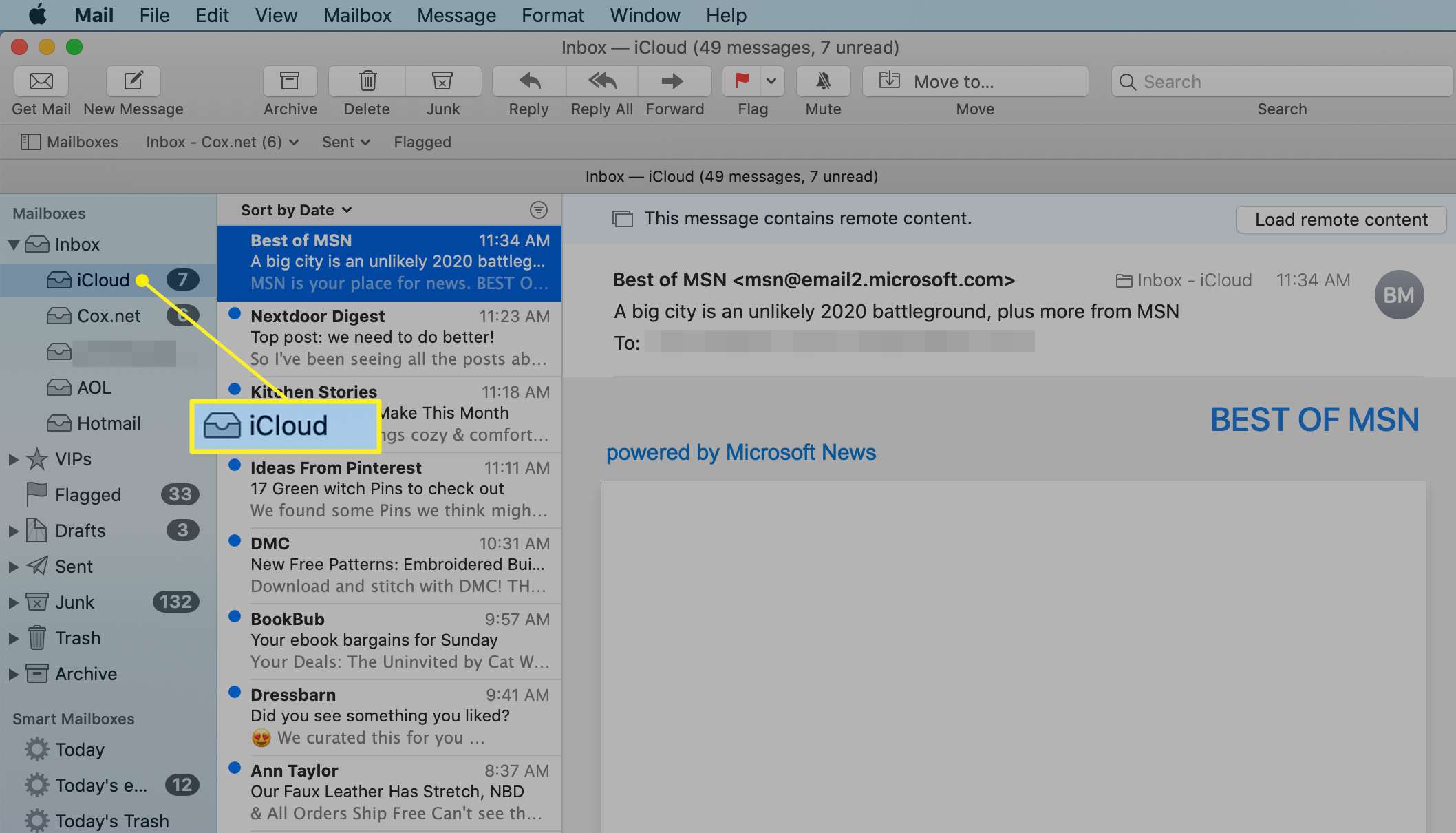 de iCloud-mailbox geselecteerd in het Mailbox-paneel van Mac Mail