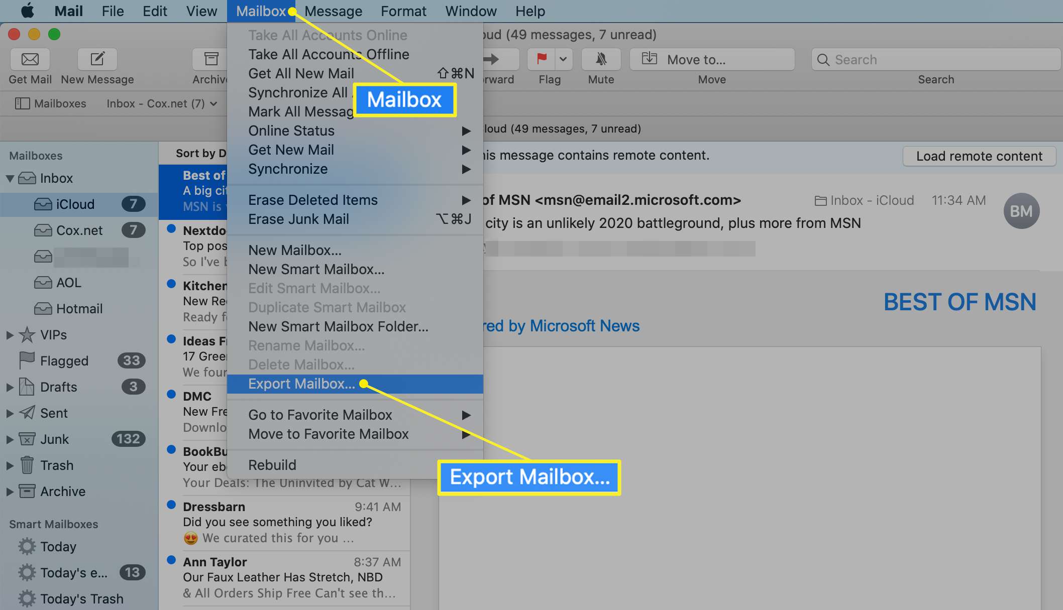 Het Mailbox-menu met Export Mailbox gemarkeerd in Mac Mail