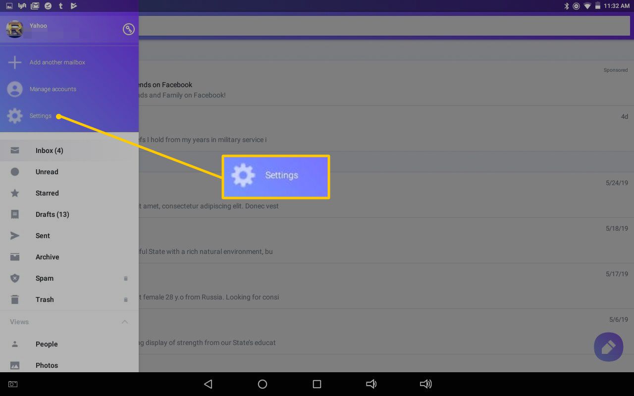 Instellingenknop in mobiele Yahoo Mail-app