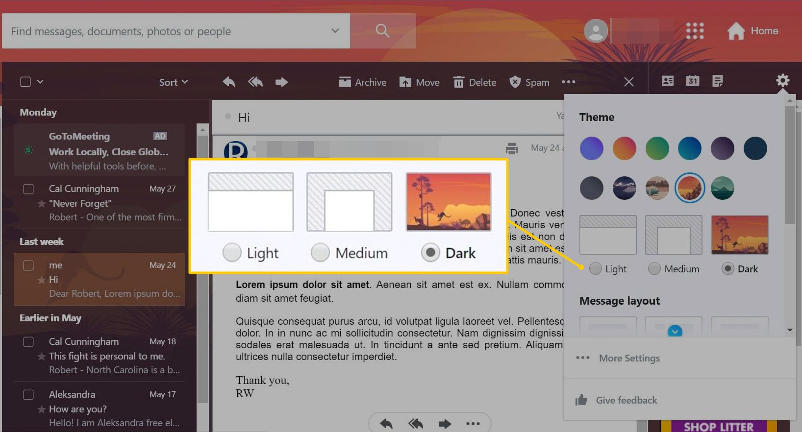Licht/Gemiddeld/Donker opties in Yahoo Mail