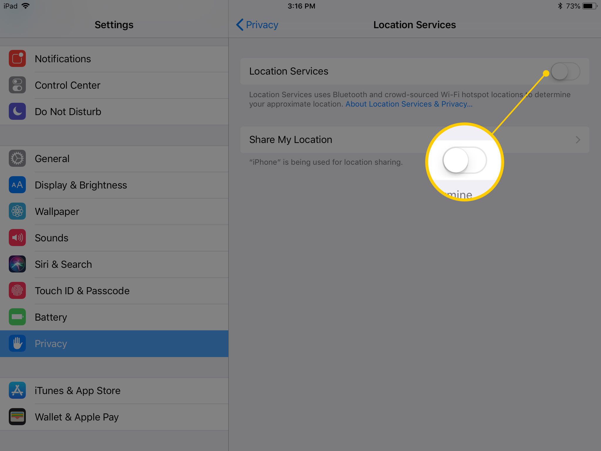 Locatieservices-scherm in iOS Instellingen-app op iPad