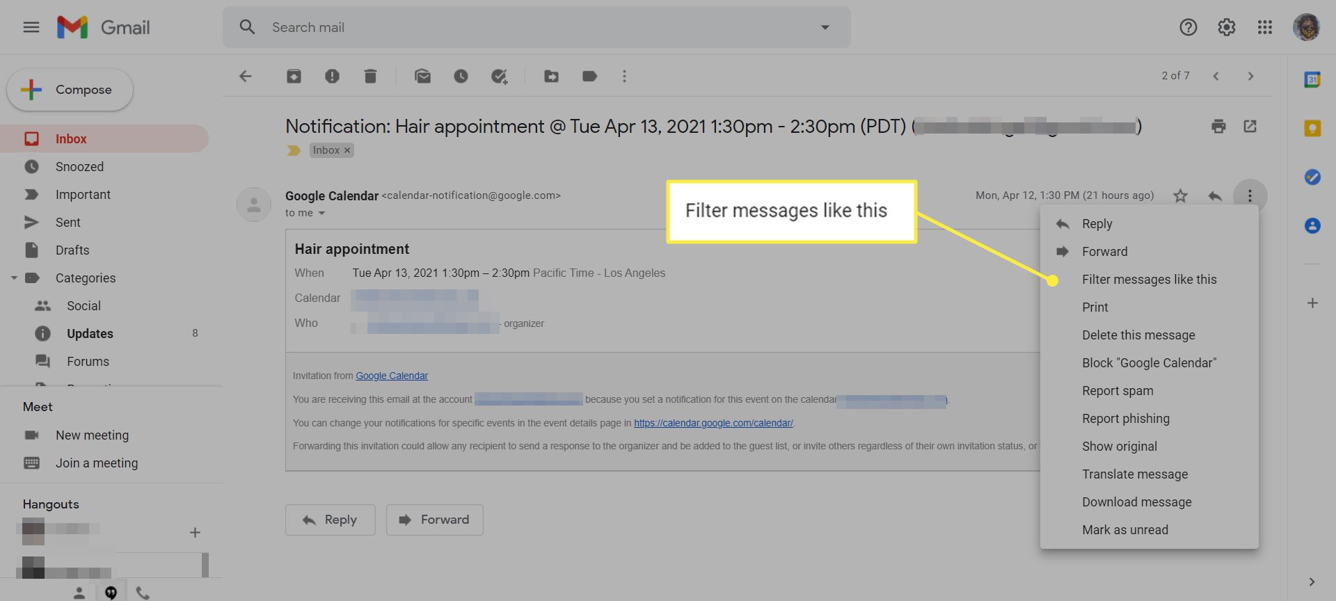 Een e-mail in Gmail met de menuoptie 'Filter berichten zoals deze' gemarkeerd
