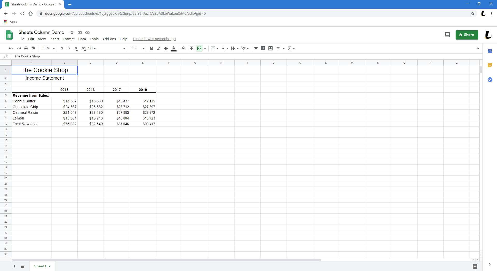 Een spreadsheet in Google Spreadsheets.