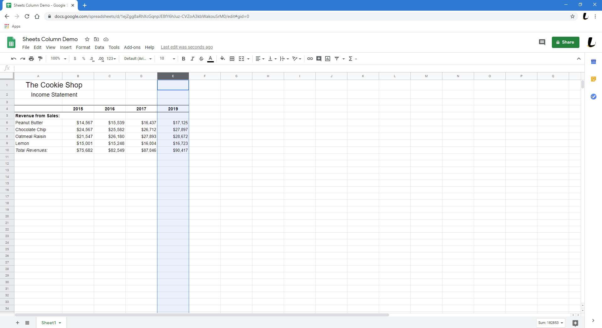 Een spreadsheet met een nieuw verwijderde kolom.