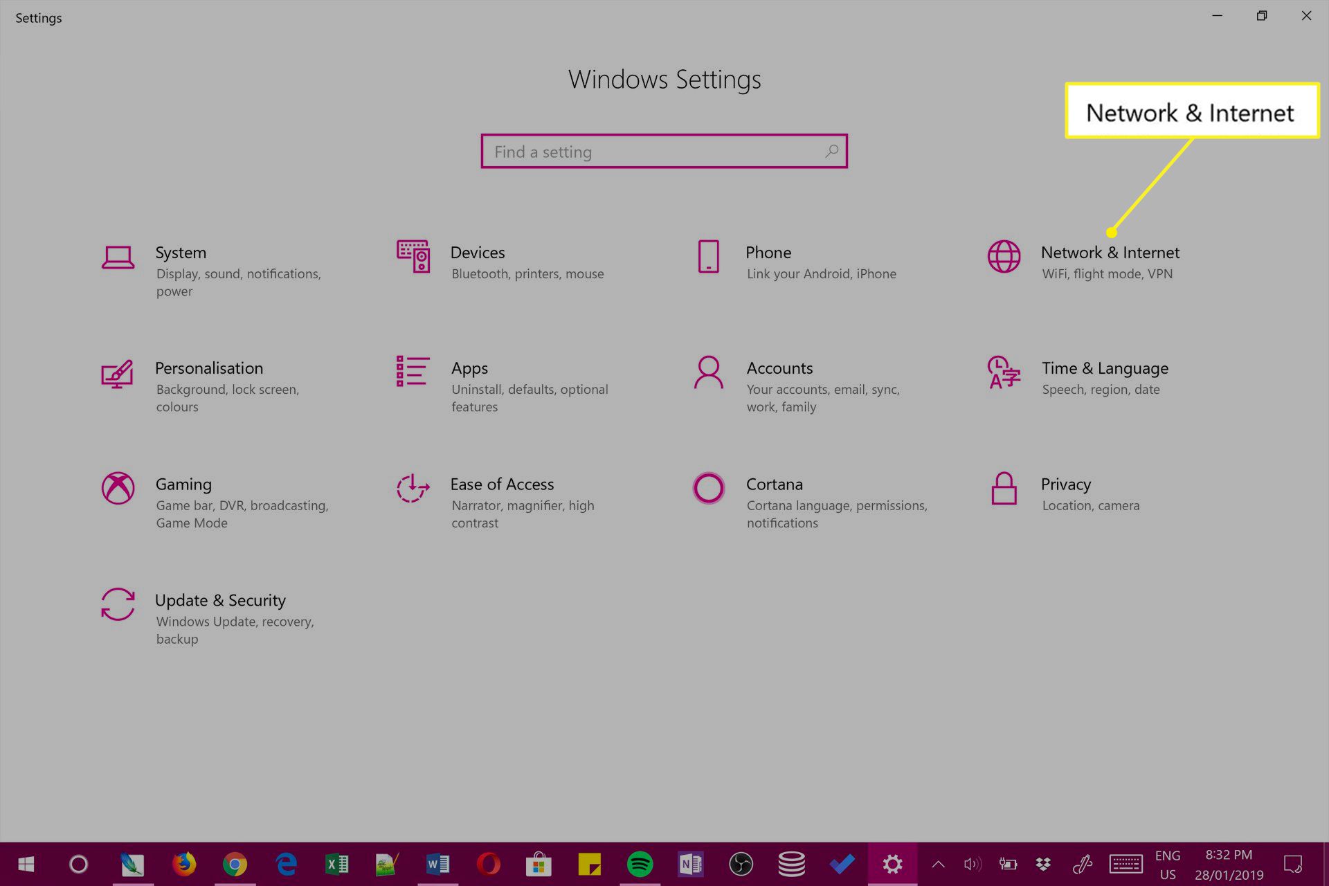 Windows 10-instellingen met netwerk en internet gemarkeerd