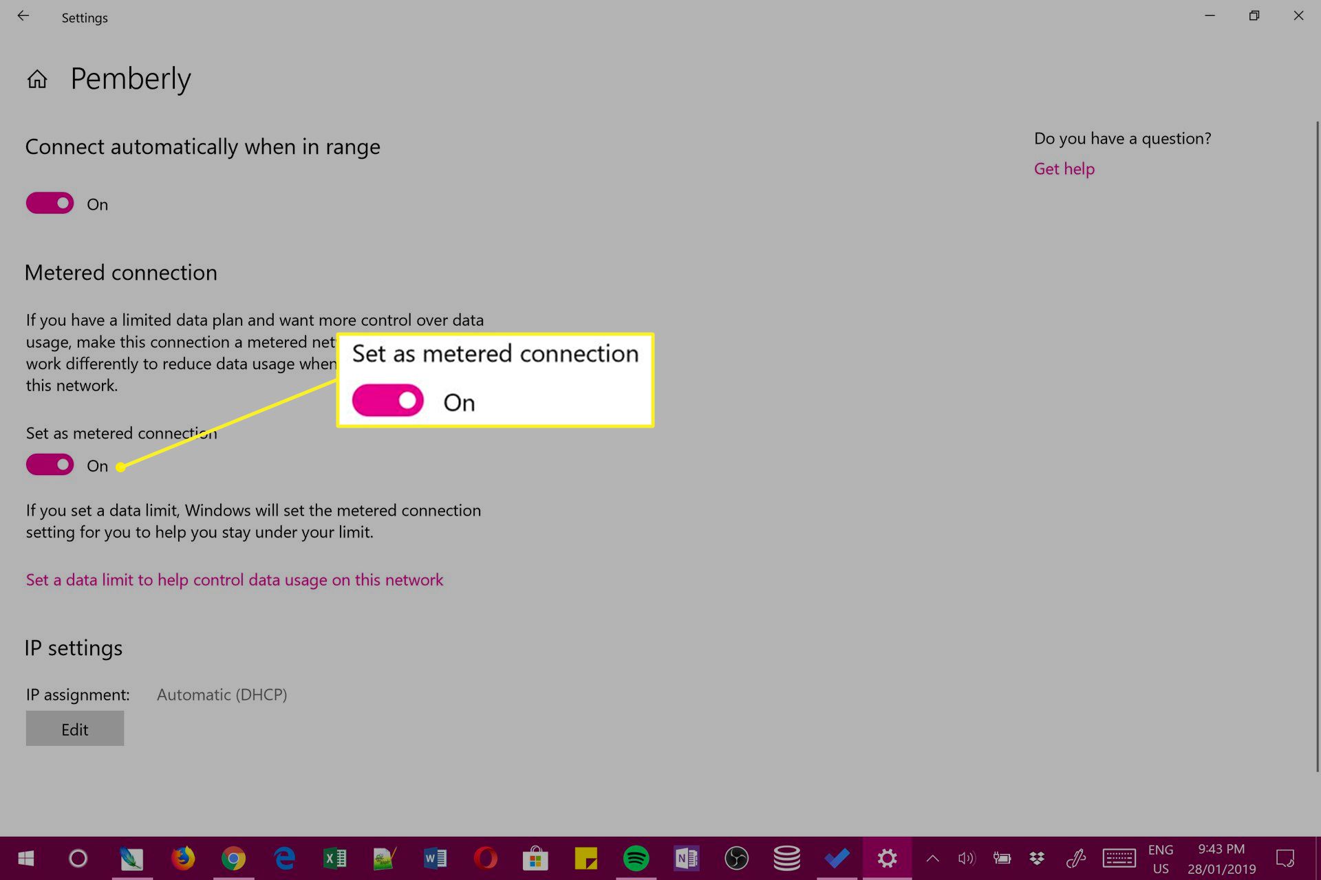 Instellingen voor gemeten verbinding in Windows 10