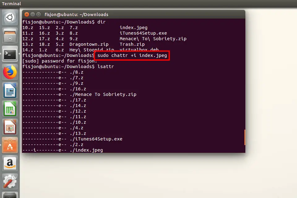 Screenshot van het onveranderlijke bit dat wordt ingesteld op een JPEG-bestand in Ubuntu