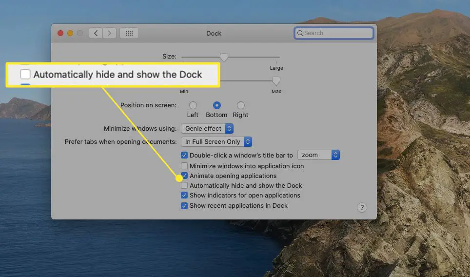 Dock-voorkeuren op een Mac met "Het Dock automatisch verbergen en weergeven" gemarkeerd