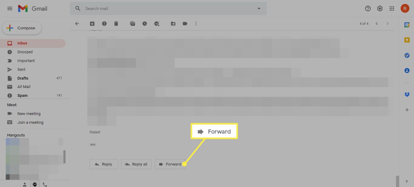 Knop Doorsturen onder aan een e-mail in Gmail