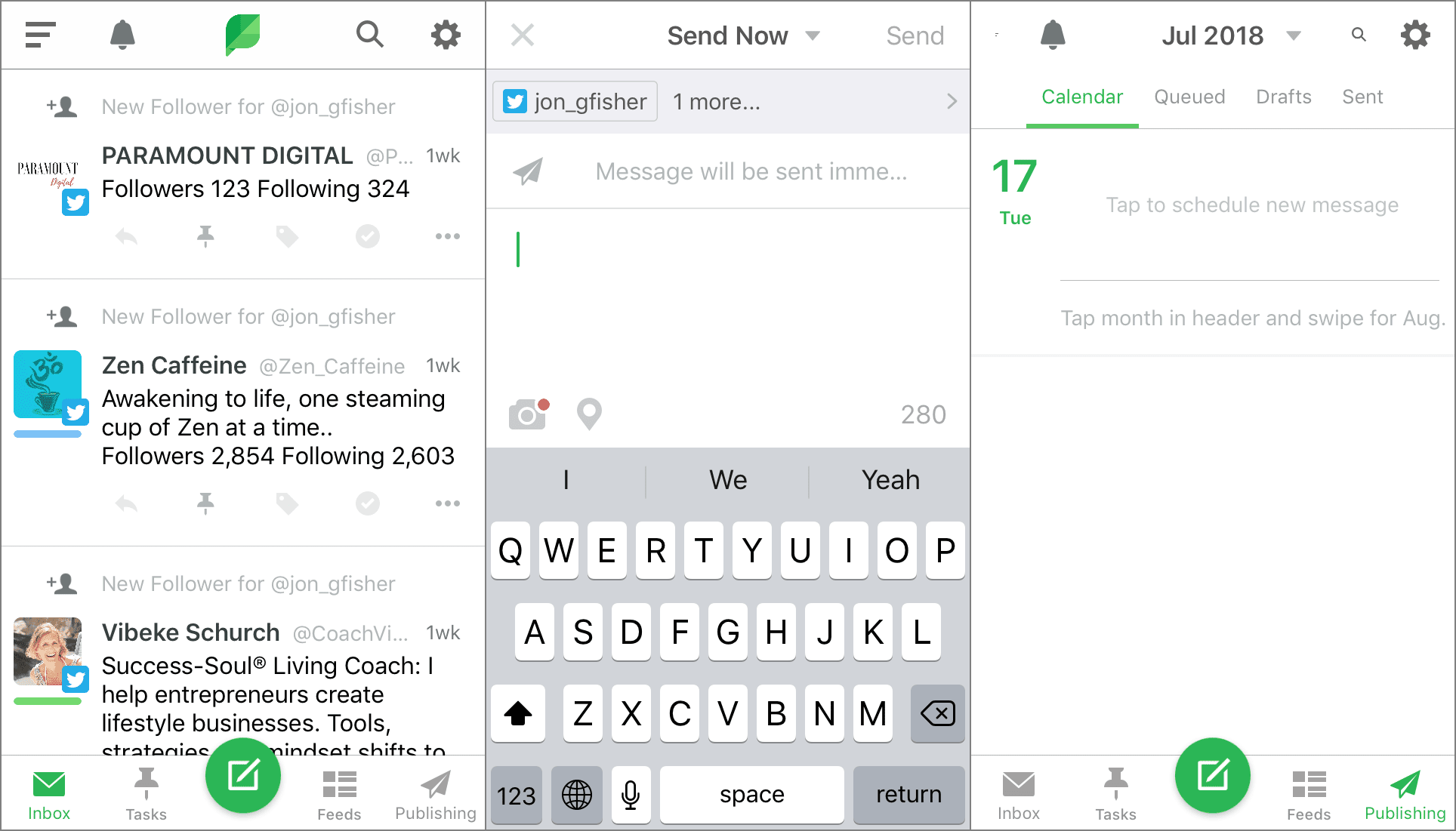 Drie Sprout Social iPhone-app-schermen