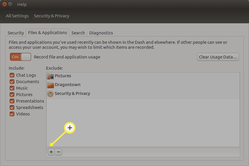 Het Ubuntu Dash Files & Applications-scherm met het plusteken gemarkeerd