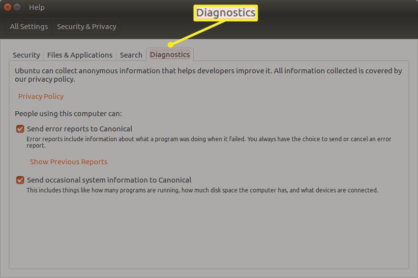 Het tabblad Diagnostiek op het tabblad Diagnostiek in Ubuntu Beveiliging en privacy