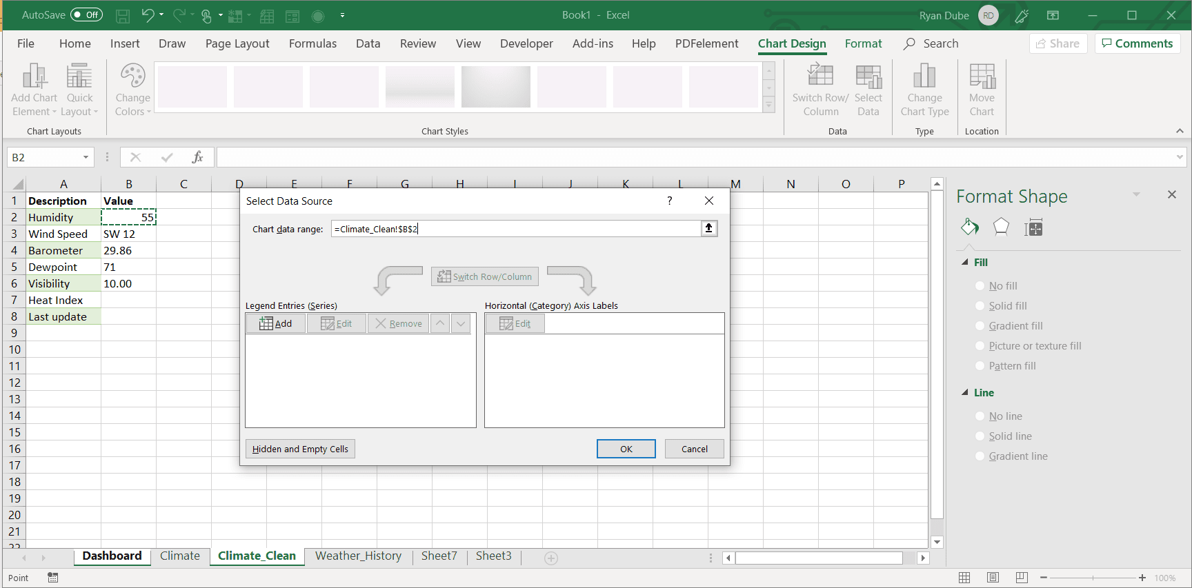 Schermafbeelding van het selecteren van het grafiekgegevensbereik in Excel