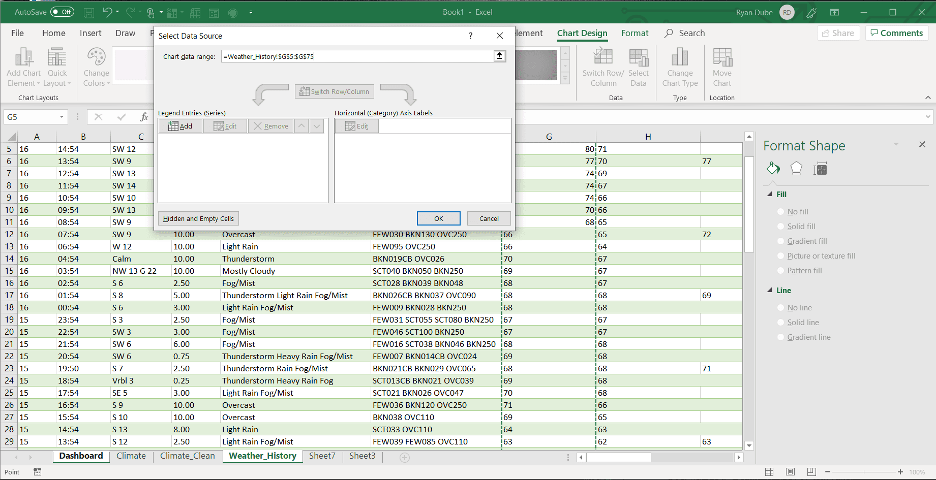 Schermafbeelding van het selecteren van een gegevensbereik in Excel
