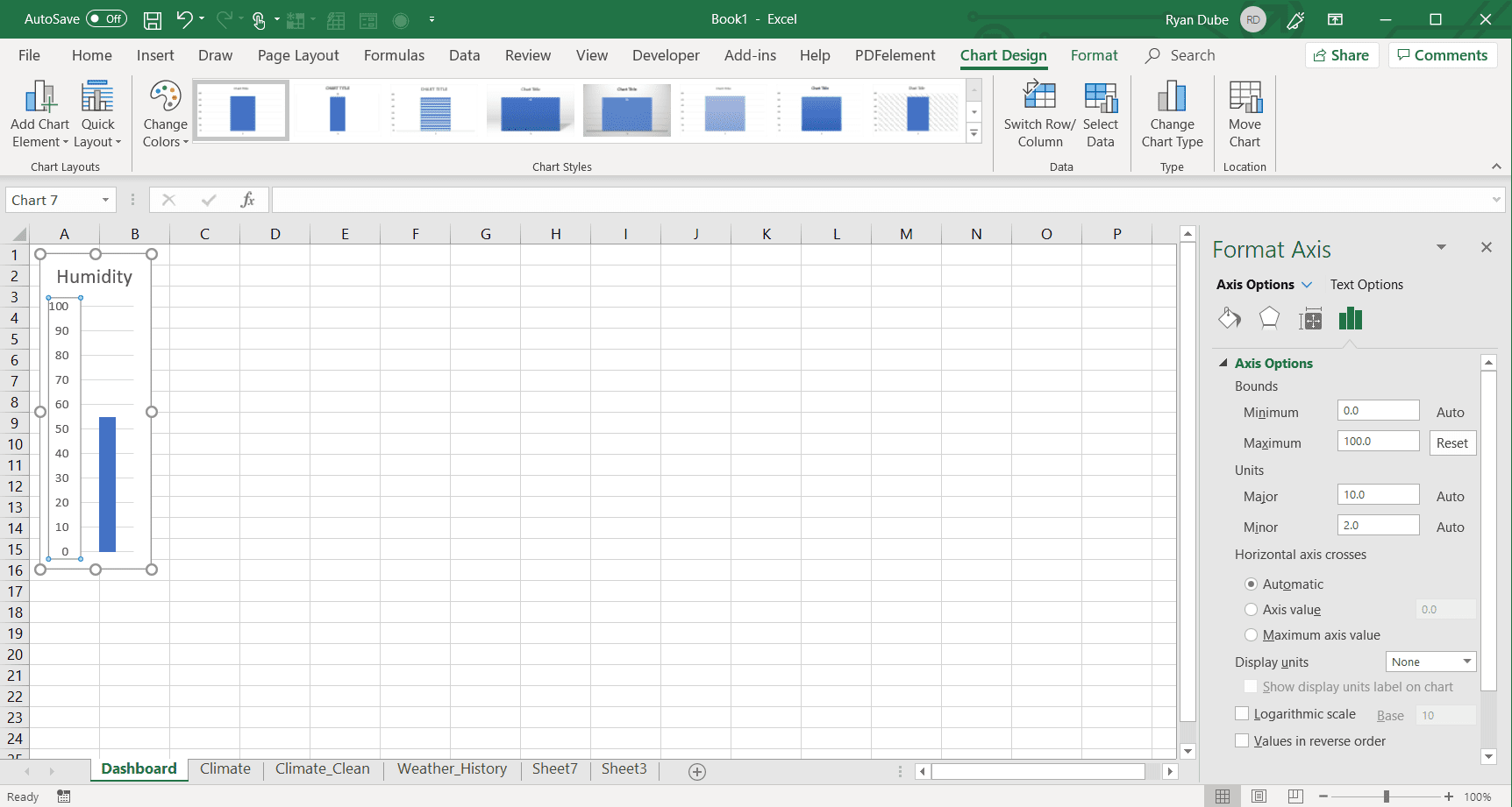 Schermafbeelding van het maken van een staafdiagram met één gegevenspunt in Excel