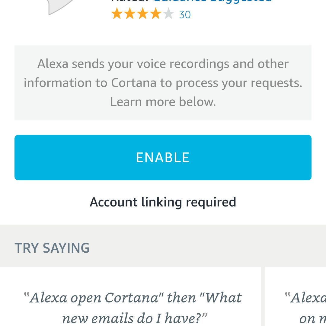 Schermafbeelding van de knop Inschakelen weergegeven voor Cortana-vaardigheid in de Android Alexa-app
