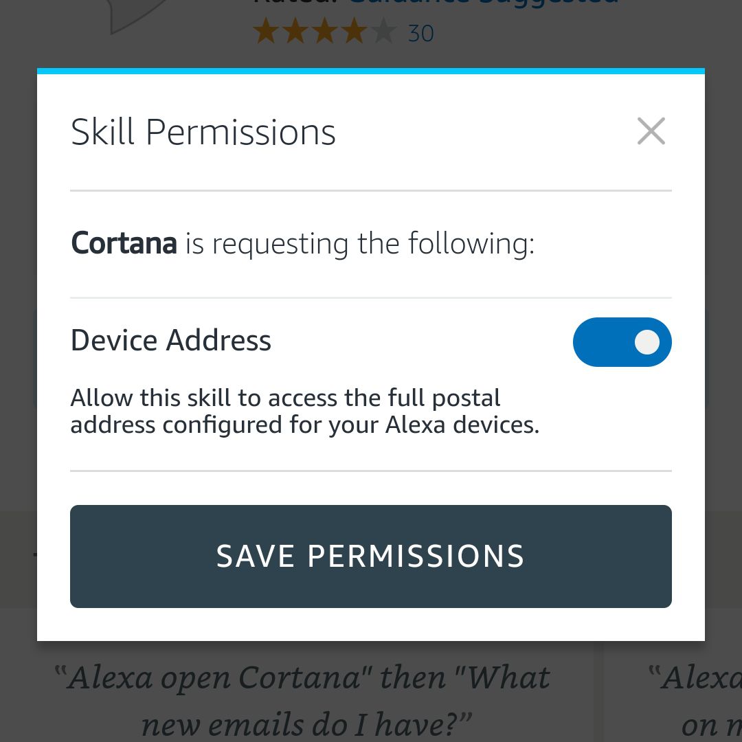 Cortana-vaardigheidsrechten gevraagd screenshot in Alexa Android-app