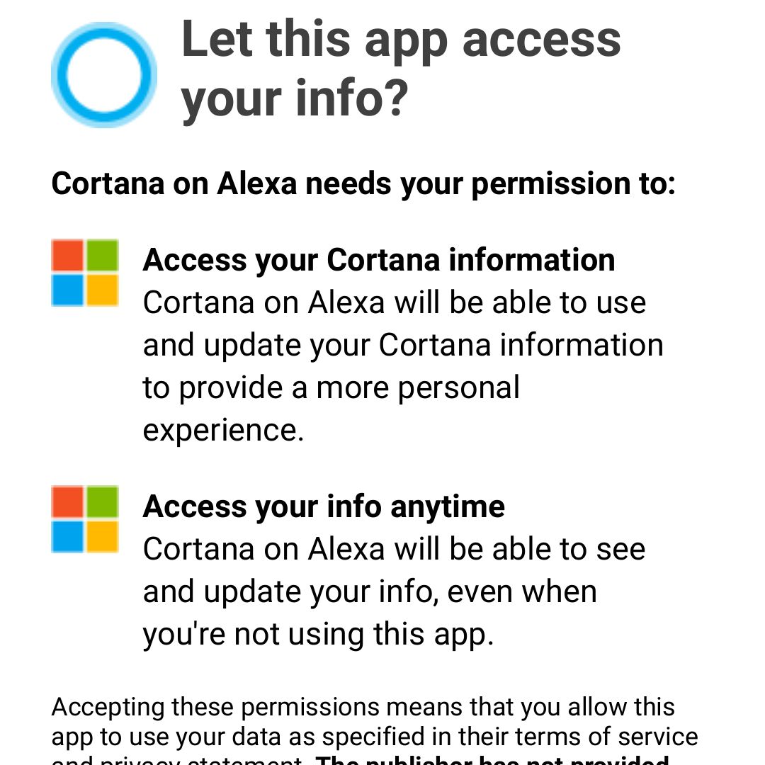Screenshot van Cortana op goedkeuringsverzoek voor Alexa-machtigingen in de Alexa Android-app.