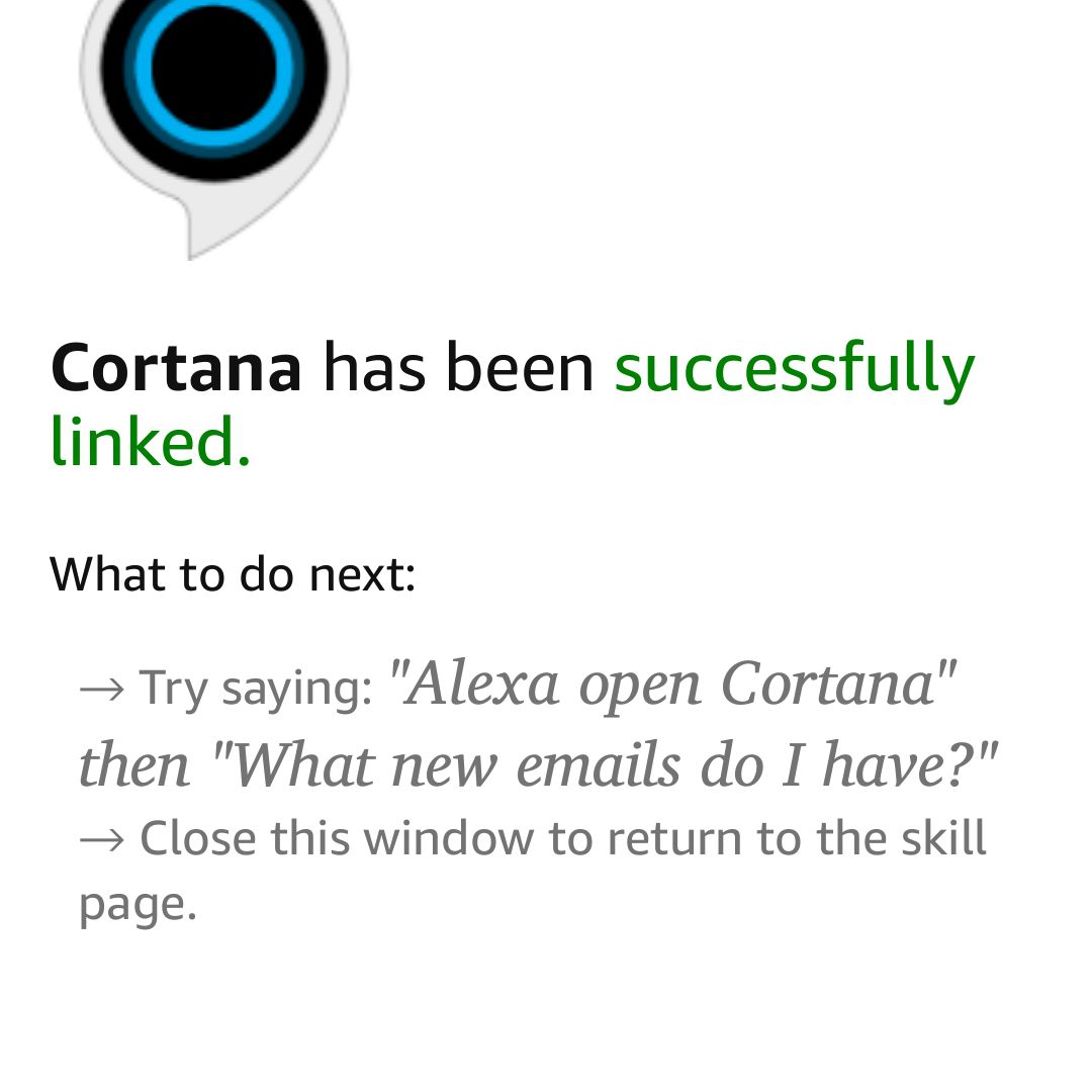Screenshot waaruit blijkt dat Cortana met succes is gekoppeld aan Alexa op Android.