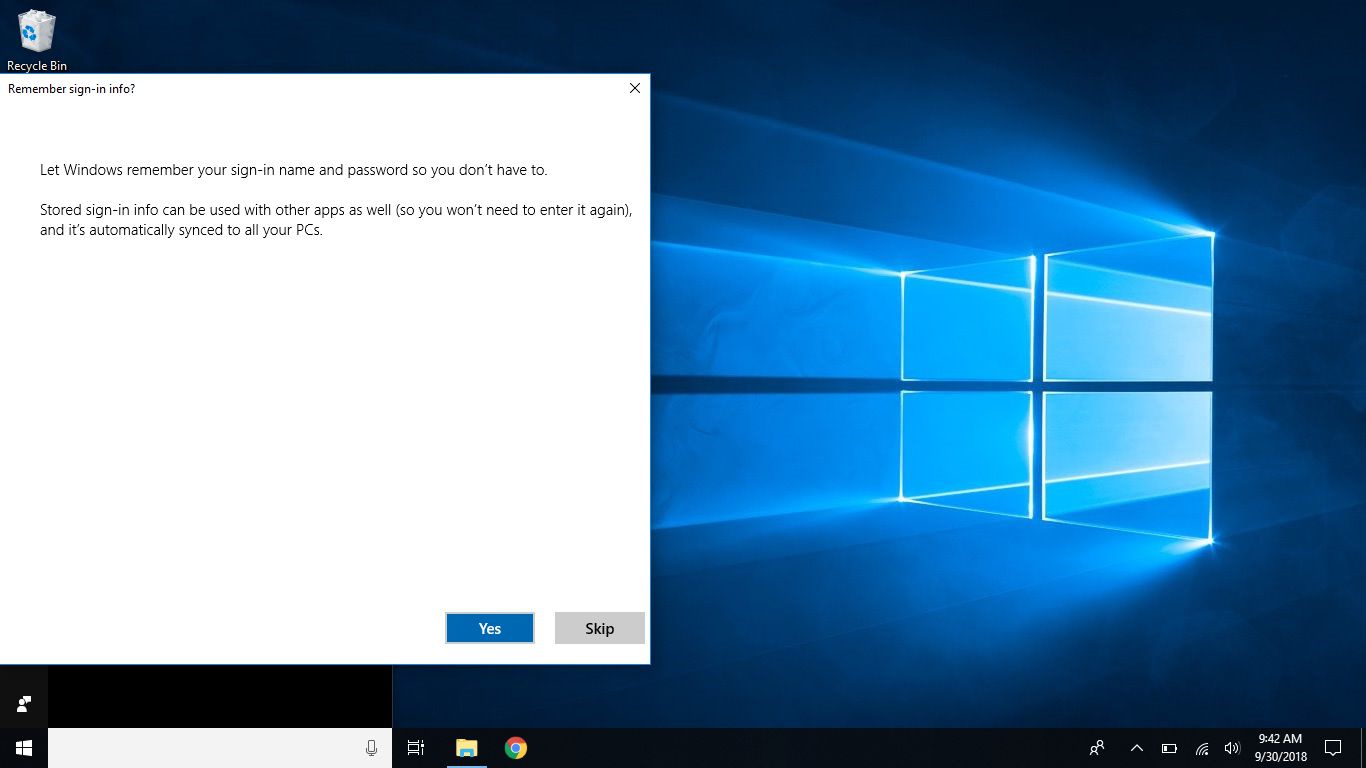 Windows-screenshot dat goedkeuring vraagt ​​om aanmelding te onthouden en instellingen te synchroniseren met andere systemen.