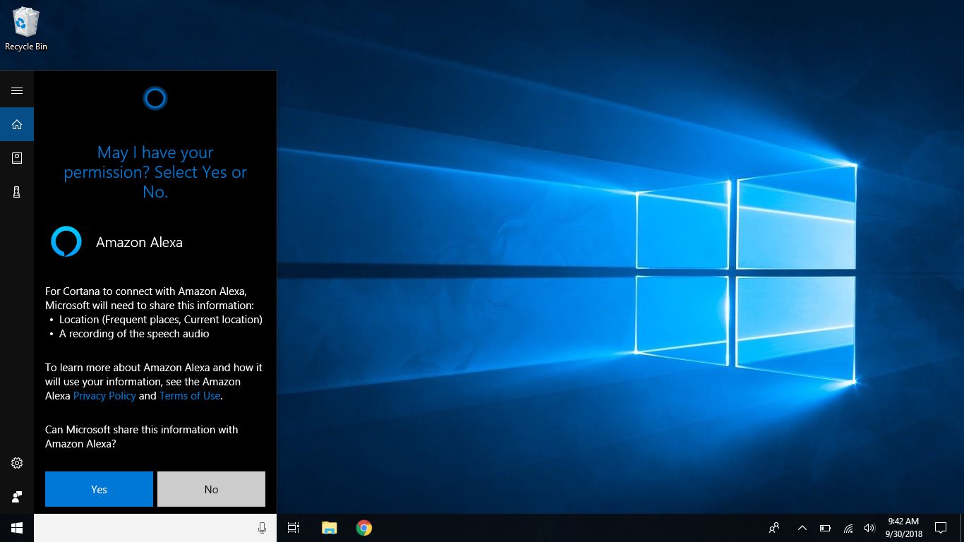 Windows-screenshot dat toestemming vraagt ​​aan Microsoft om informatie te delen met Amazon Alexa.