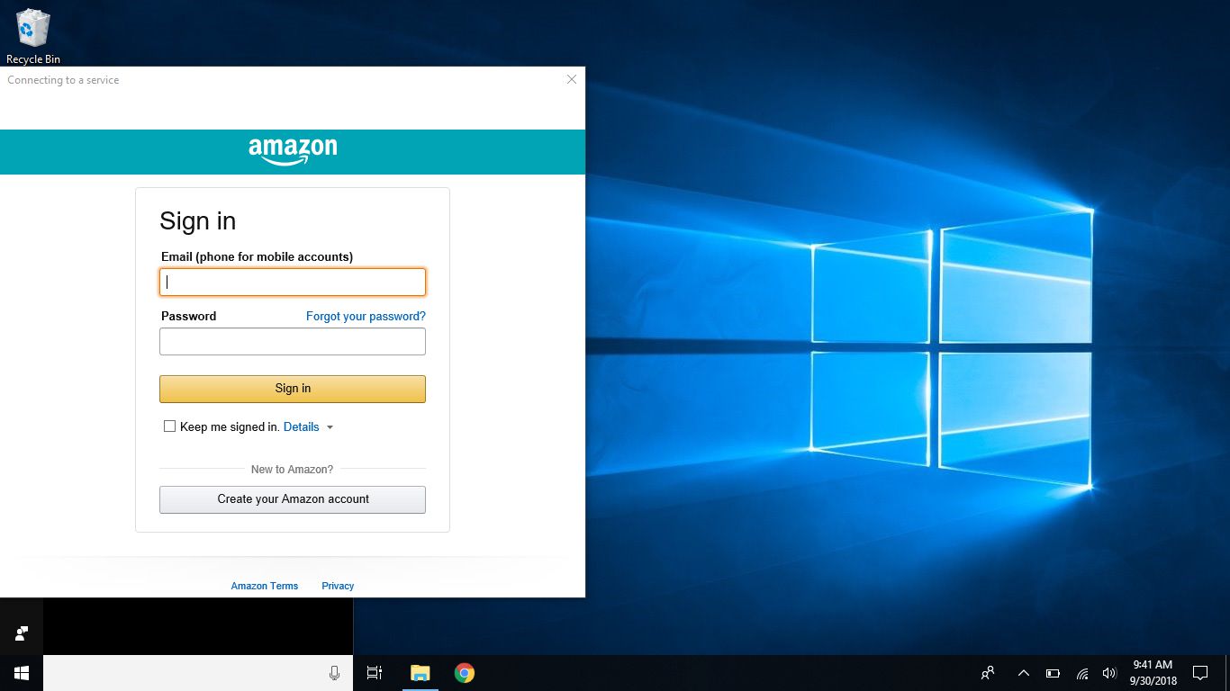 Screenshot van het Amazon-aanmeldingsscherm in Cortana