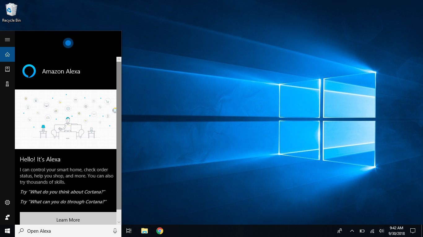 Windows-screenshot dat laat zien "Hallo!  Het is Alexa" bevestigend dat Cortana en Alexa nu verbonden zijn.