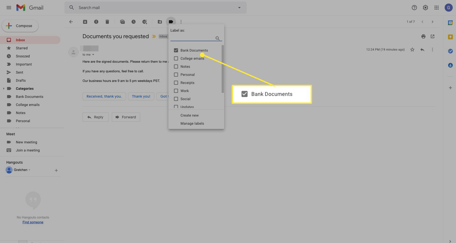 Gmail-bericht met aangevinkt label gemarkeerd