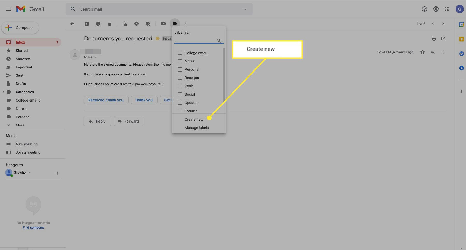 Optievak voor Gmail-label met Nieuw maken gemarkeerd