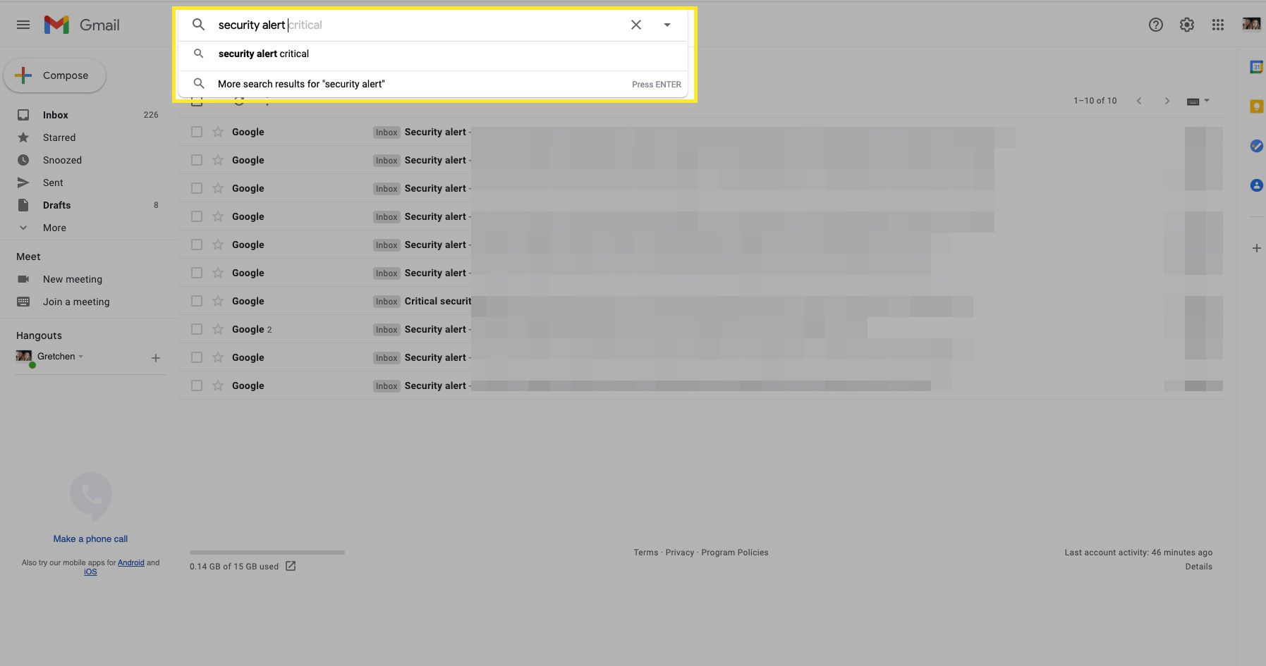 Zoeken in Gmail naar e-mails om te labelen met Beveiliging gemarkeerd in het zoekveld