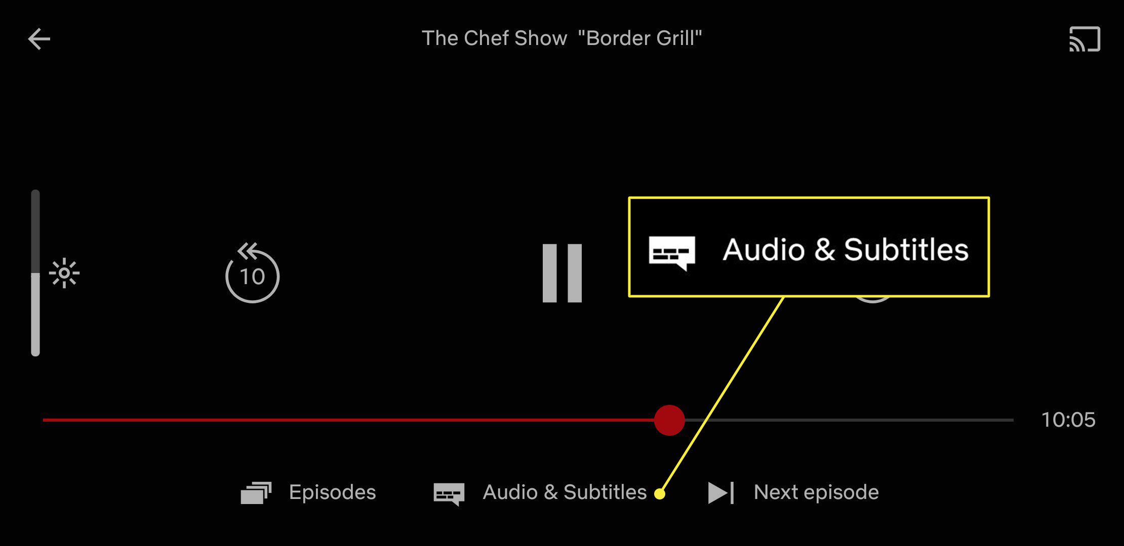 Een screenshot van Netflix op een mobiel apparaat met de kop Audio en ondertitels gemarkeerd