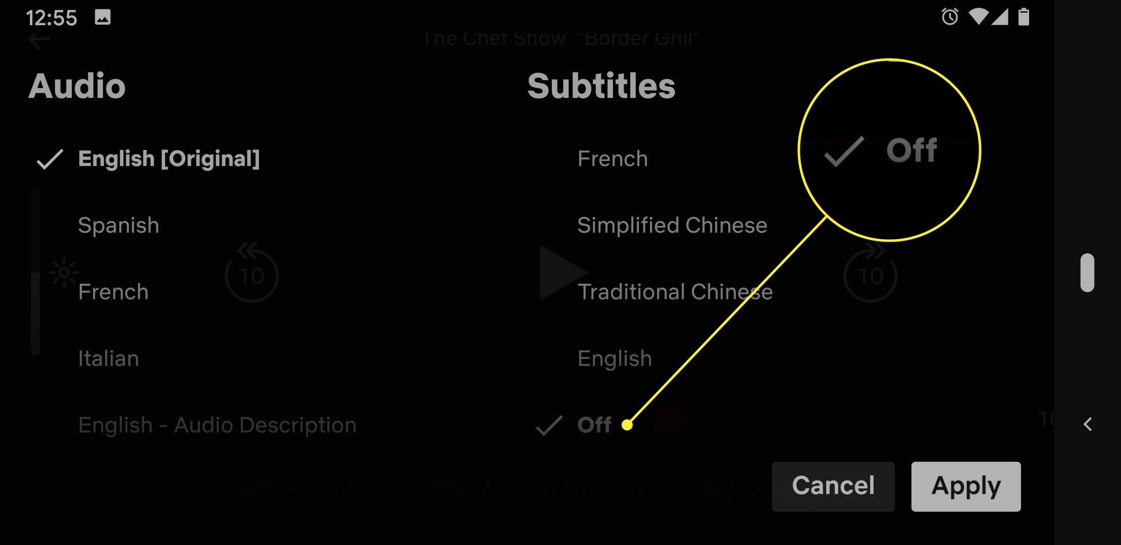 Een screenshot van het menu Audio en ondertitels in Netflix met de optie Uit gemarkeerd