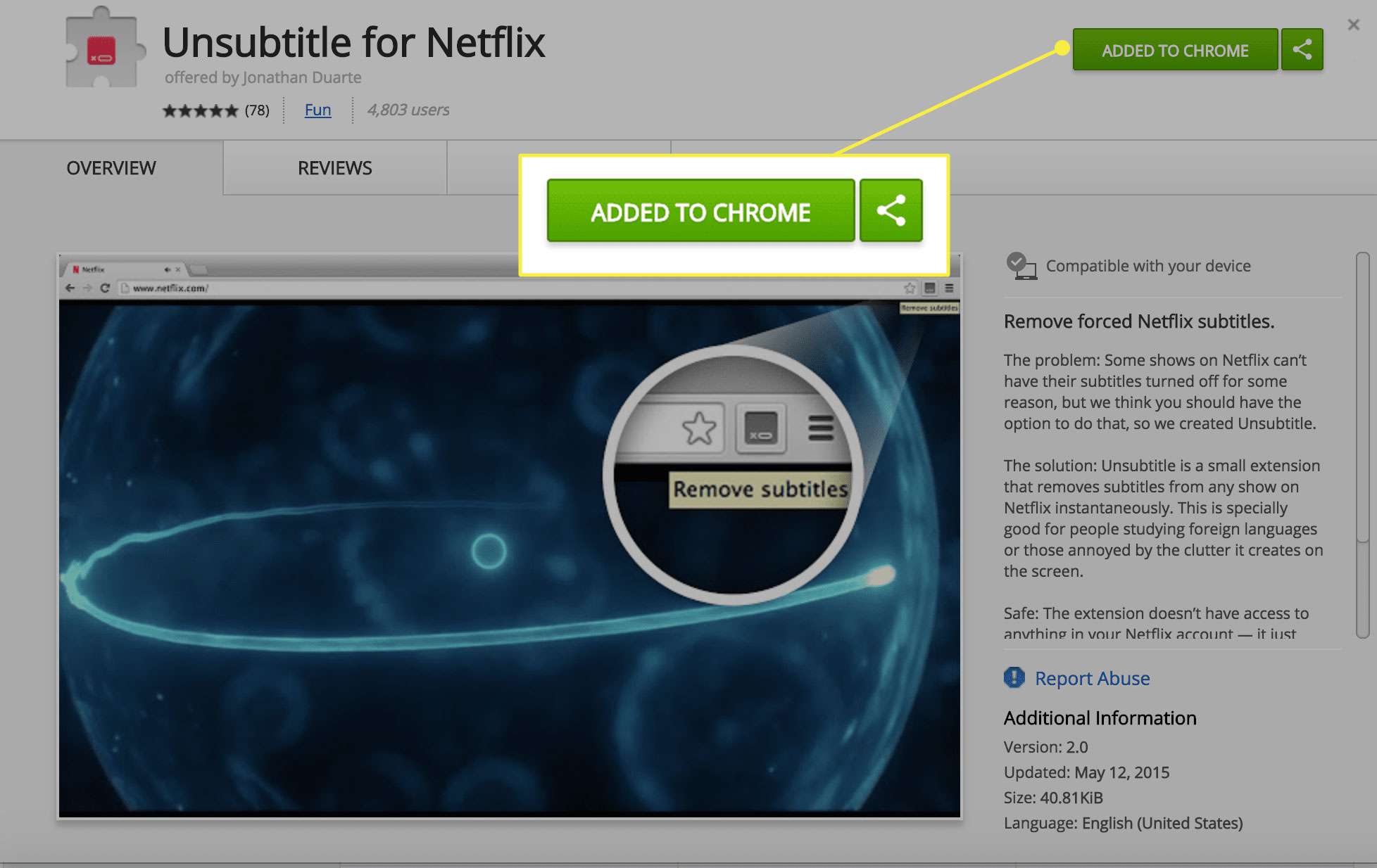 Een screenshot van de Unsubtitle for Netflix Chrome-extensiepagina met de knop Toevoegen gemarkeerd