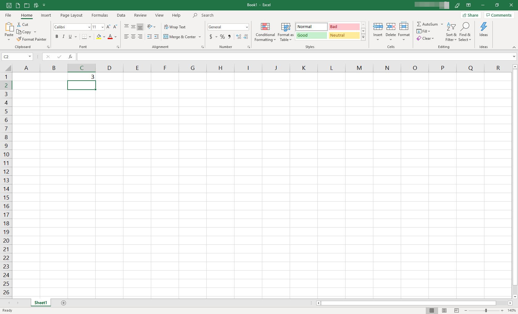 MS Excel-spreadsheet met één cel gevuld met gegevens