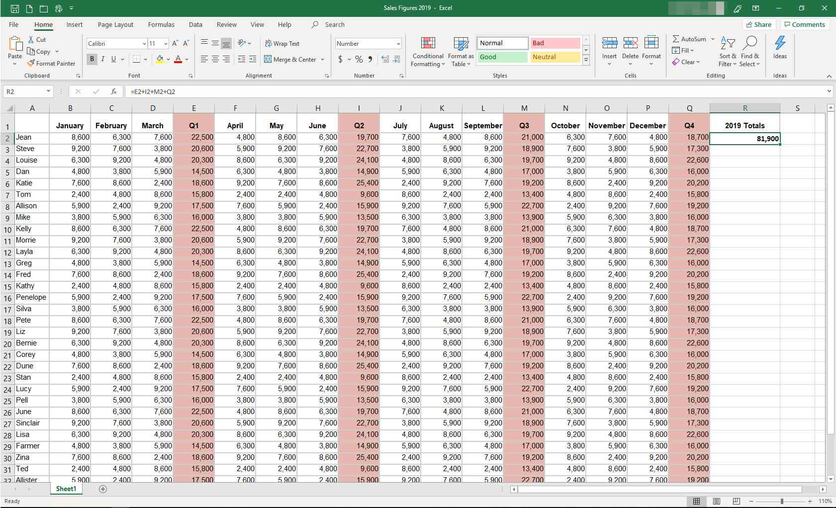 MS Excel met nieuwe formule weergegeven