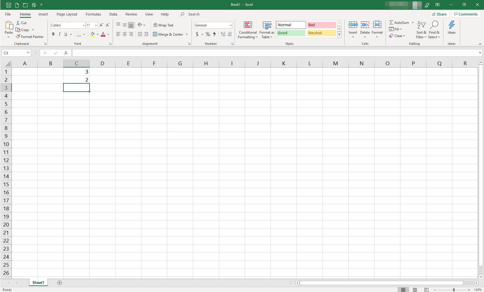 MS Excel-spreadsheet met twee cellen gevuld met gegevens