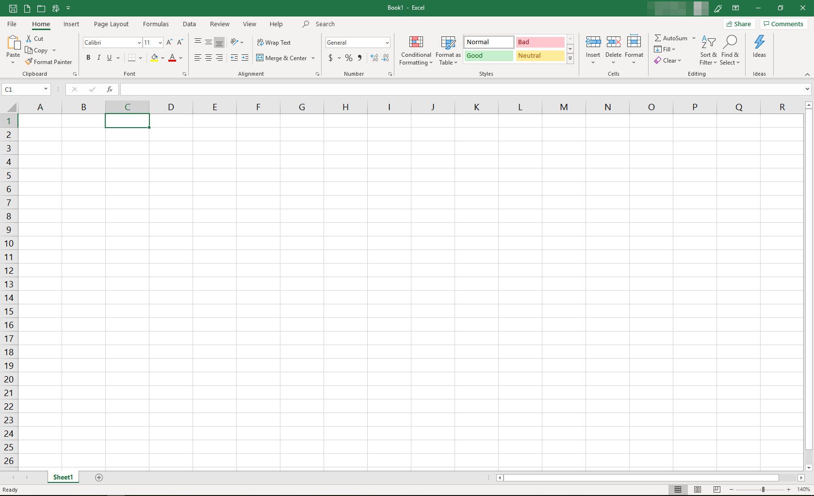 MS Excel-spreadsheet met cel C1 geselecteerd