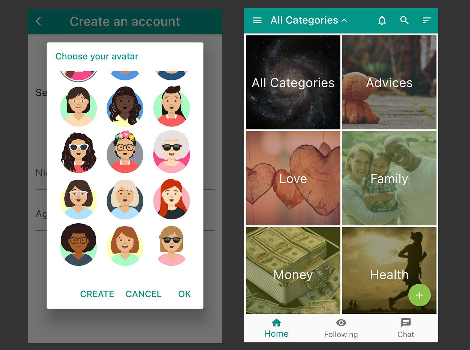 Friend Shoulder-app - categorieën en avatarselectie