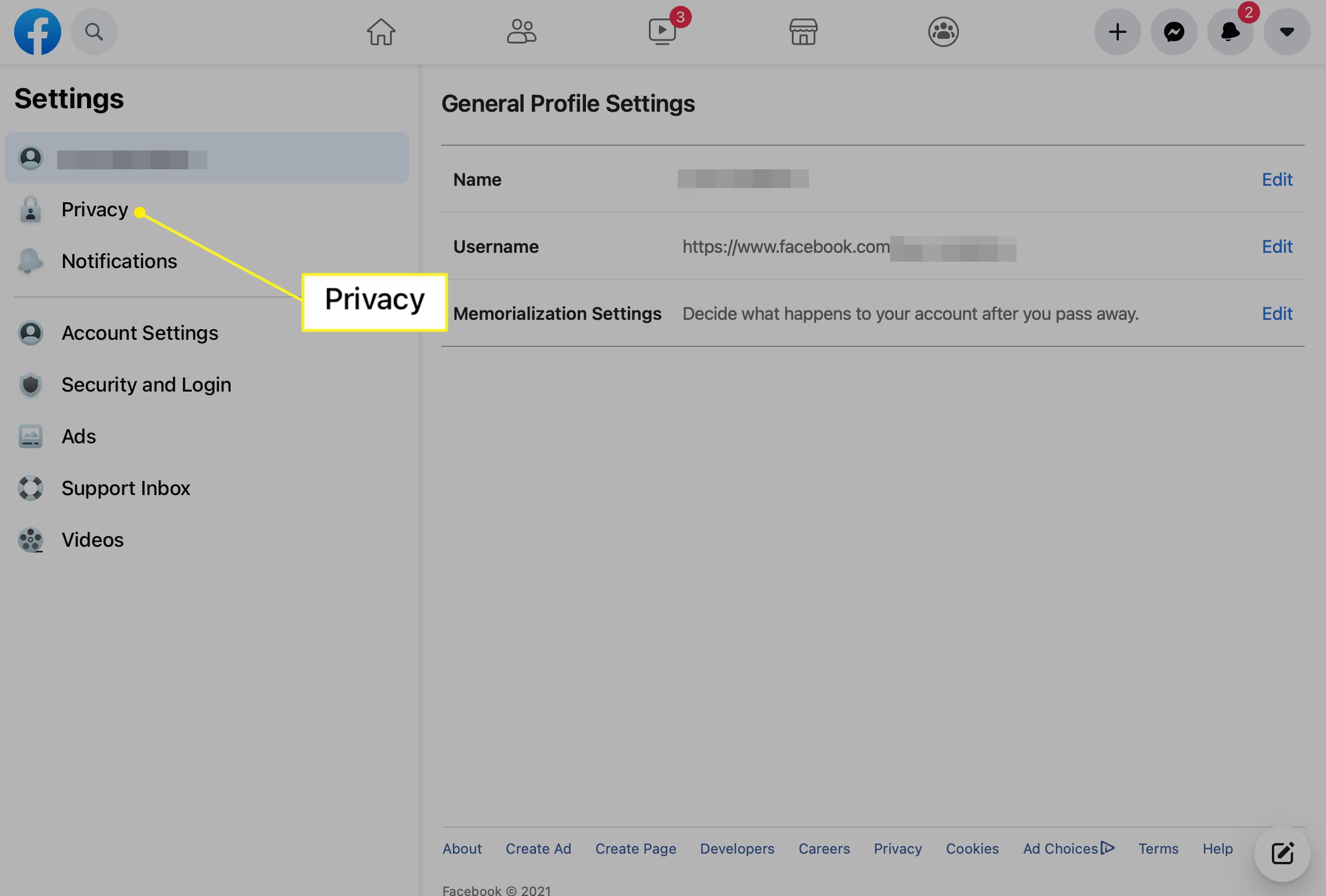 Facebook-website met Privacy geselecteerd in de zijbalk Instellingen