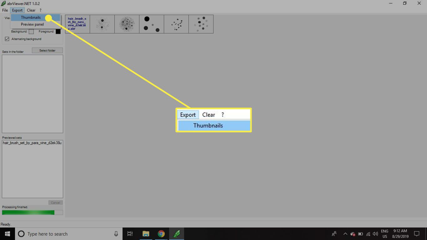 Een screenshot van abrViewer met de opdracht Miniaturen exporteren gemarkeerd