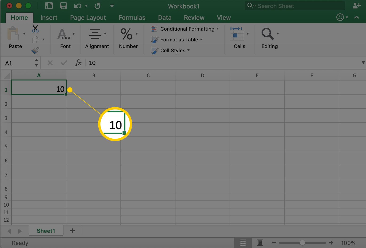 Excel toont cel A1 met het getal 10 erin
