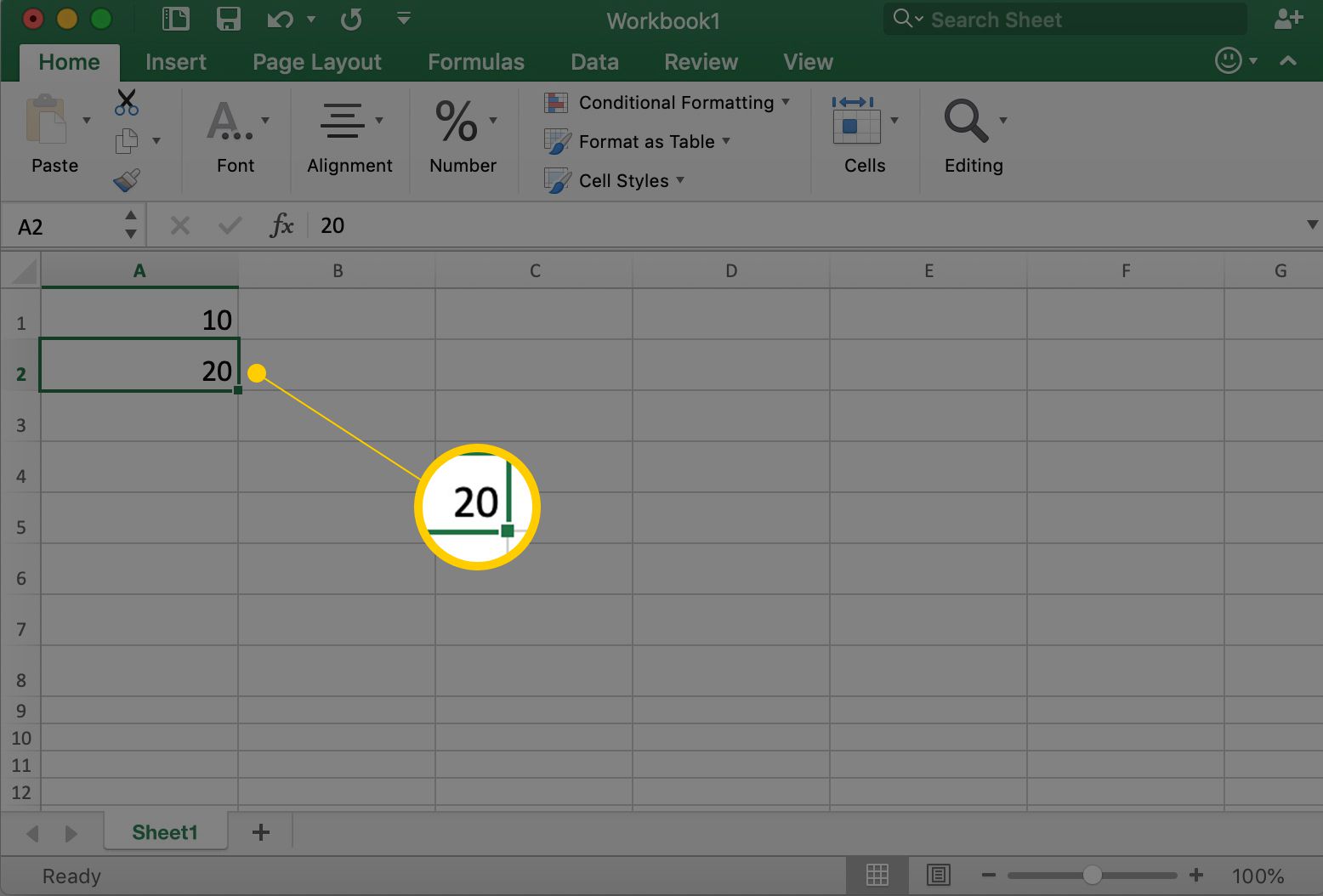Excel toont cel A2 met het getal 20 erin