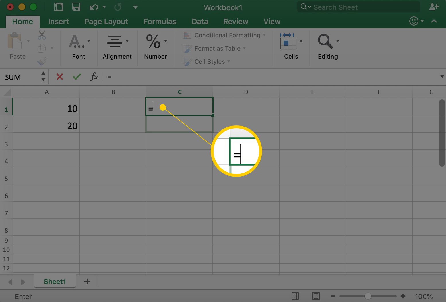Excel toont cel C1 met het = symbool erin