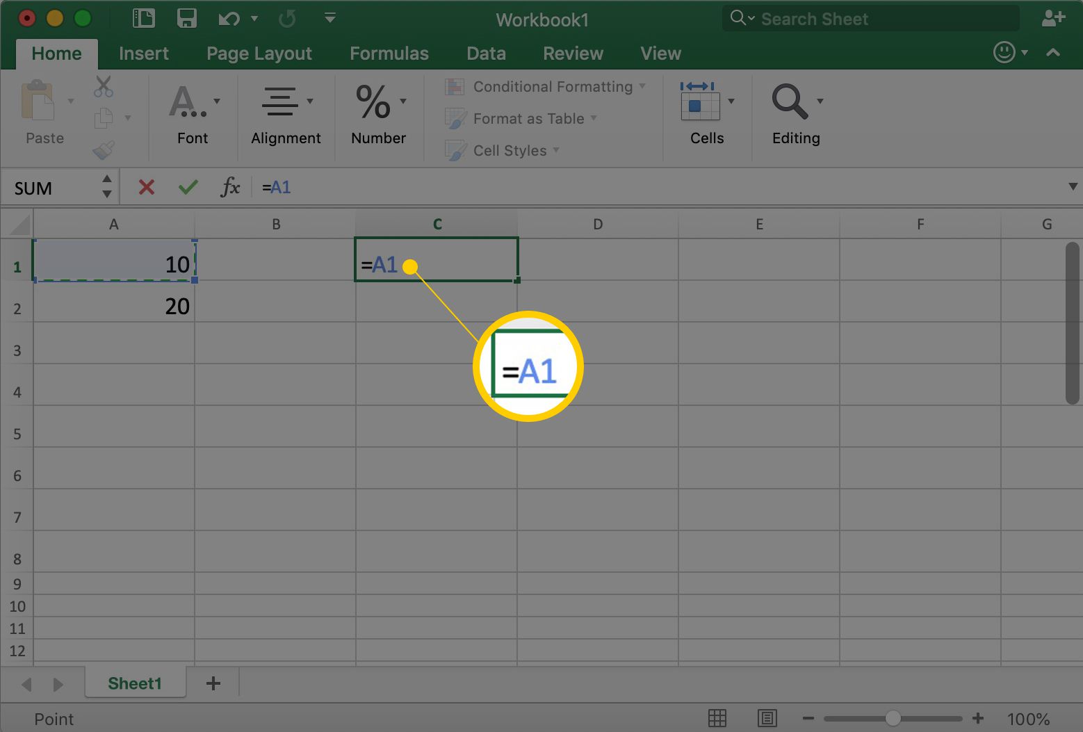 Excel toont cel C1 met de =A1 erin