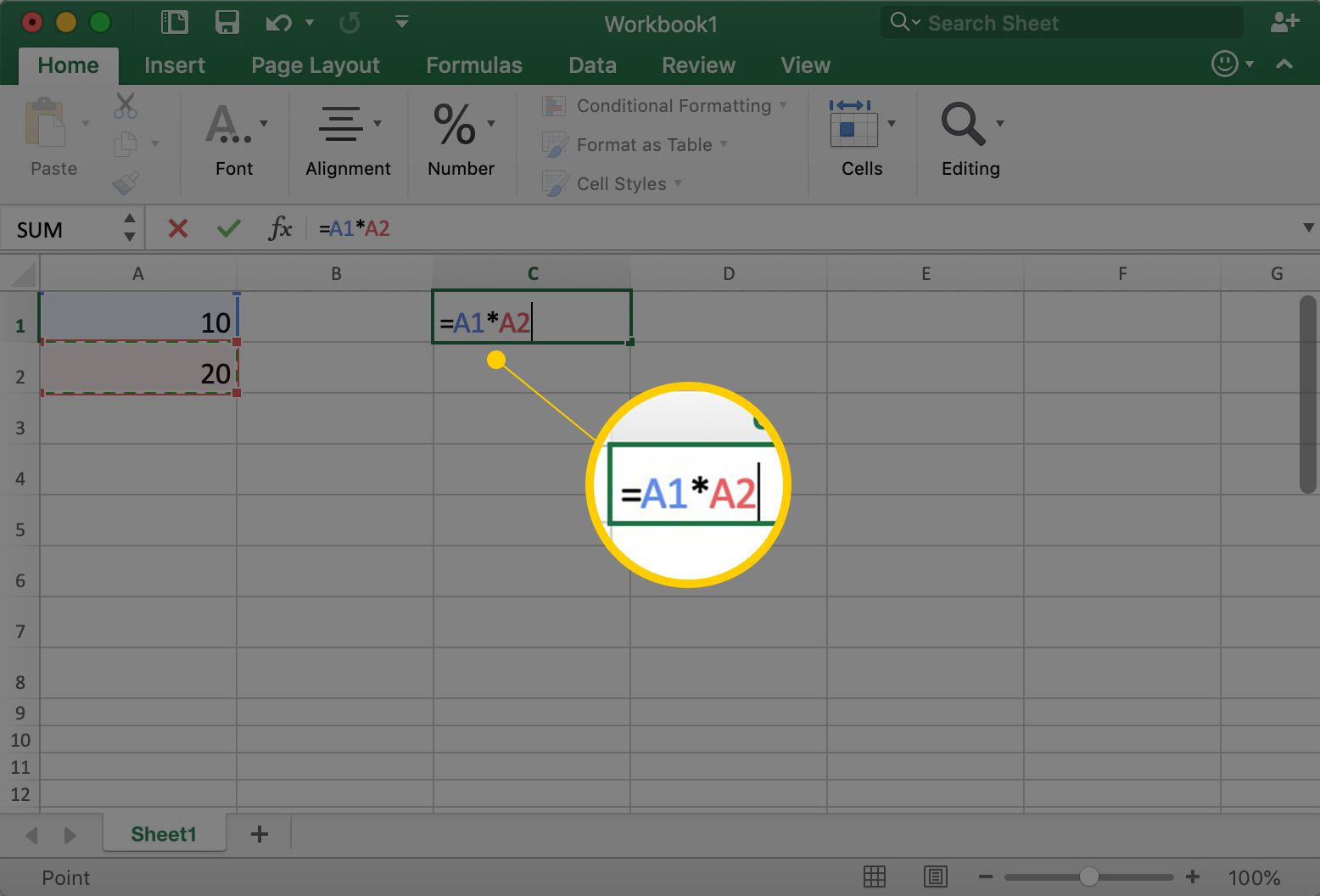 Excel toont cel C1 met =A1*A2 erin