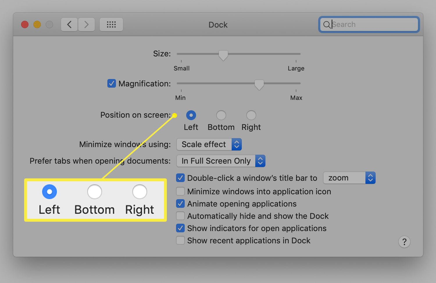 Scherm met Dock-voorkeuren op een Mac